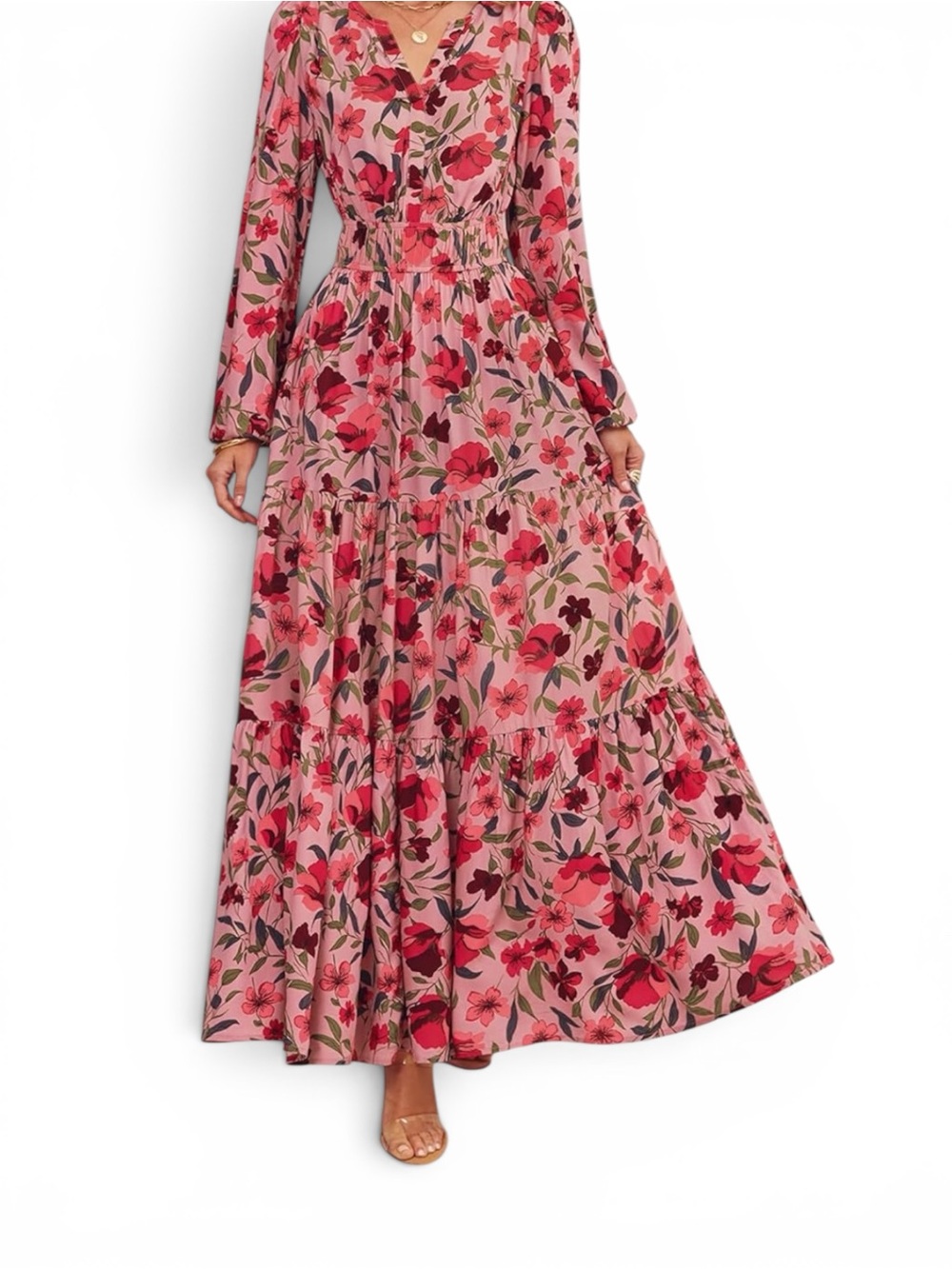 Floral Ruffle V-Neck Long Sleeve Midi Dress - Peach Pink
